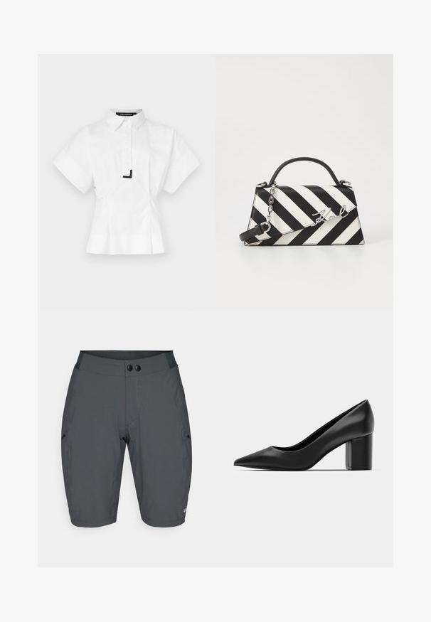 Vit kortärmad skjorta med krage, med framknäppning och en svart detalj vid kragen. Skräddarsydd passform.; Mörkgrå shorts i ett mjukt, elastiskt tyg. Har en bred midjeband med två svarta knappar och vinklade sidofickor.; Svart läderklack med spetsig tå och en kraftig fyrkantig klack. Slät textur, enkel design, passar för formella sammanhang.; Svart och vit randig handväska med en strukturerad form, som har ett handtag upptill, en avtagbar kedjesnodd och en metallisk logotypdetalj.