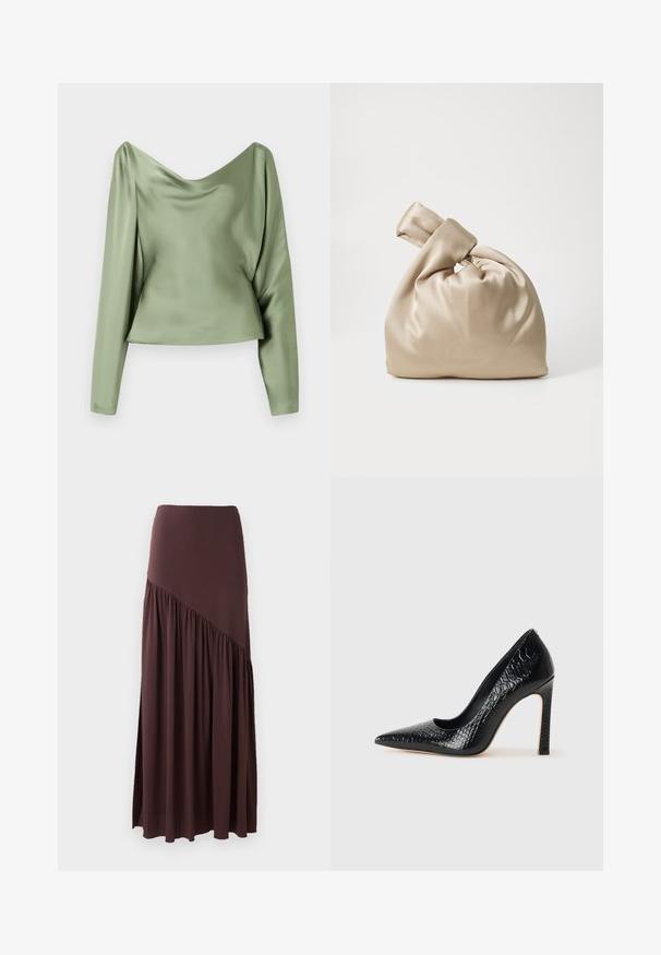 Zöld selyem hosszú ujjú blúz, drapírozott cowl nyakkivágással, sima textúrával és cropped fazonnal, amely letisztult és elegáns dizájnt mutat.; Barna maxi szoknya puha anyagból. Feszes derékrésszel és aszimmetrikus fazonnal rendelkezik, az egyik oldalán ráncolt részletekkel.; Fekete hegyes orrú magassarkú cipő krokodilbőr textúrával, letisztult dizájnnal, magas tűsarkú és sima fekete belső résszel.; Beige selyem táska kötött felső résszel, amely lágy, sima textúrával és kerek formával rendelkezik, egyszerű és elegáns dizájnnal.; Rabanne XL LINK DOUBLE HOOP EARRING - Fülbevalók - silver-coloured