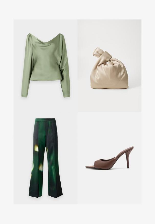 Grøn satin bluse med lange ærmer, draperet cowl-halsudskæring, glat tekstur og cropped kant, der viser et slankt og elegant design.; Udfoldede bukser i et grønt og sort satinmateriale, præget af et abstrakt mønster, med en glat tekstur og en struktureret talje.; Brune læder open-toe højhælede mules med et slankt design, der har en bred frontrem og en slank stiletto-hæl.; Beige satin taske med knyttet top, der har en blød, glat tekstur og en rund form, designet til at være simpel og elegant.; Rabanne XL LINK DOUBLE HOOP EARRING - Øreringe - silver-coloured