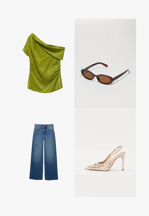 Zeleni top na eni ramenu, izdelan iz gladkega materiala z drapirano zasnovo. Ima subtilno teksturo in gubice na strani.; Široke plave kavbojke iz denima, z visokim pasom, šivanim poudarkom in preprostim dizajnom z rahlim učinkom zbledelosti.; Bež slingback peto z lakirane usnje in konicami. Ima več okroglih grometov v zlati in srebrni barvi. Oblika stiletto pete.; Okrogle, rjavo obarvane sončne naočare z sijočim burgundskim okvirjem. Tanek nosilec s subtilnim logotipom. Oblika leč je ravna.; Rjava tkana usnjena torbica s sproščenim, trikotnim oblikovanjem. Ima pleten ročaj in zadrgo na vrhu.