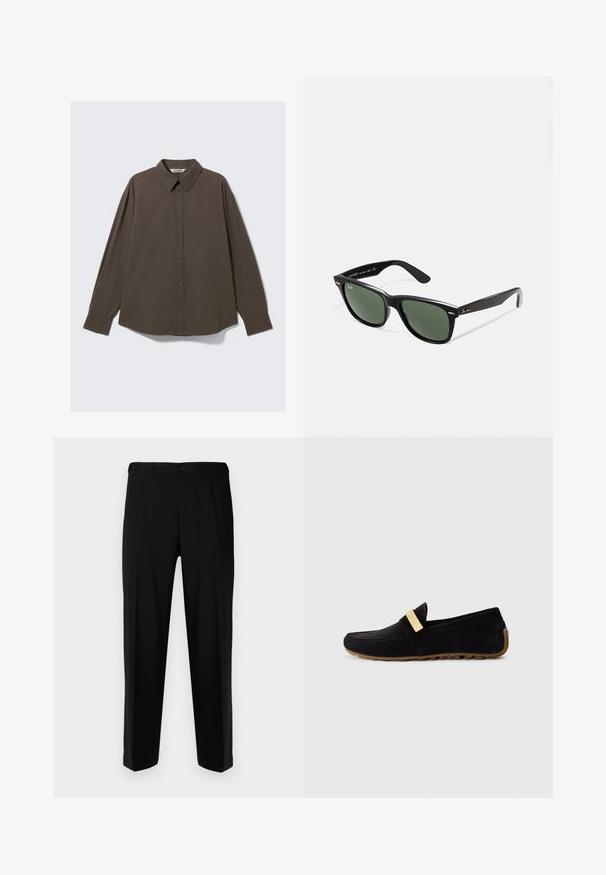 Rjava karirana srajca z dolgimi rokavi in gumbnim ovratnikom, sproščenega kroja in rahlo ukrivljenim robom. Tkanina je teksturirana.; Črne hlače iz gladkega materiala, s ravnim krojem, dvema sprednjima žepoma in zadrgo s gumbom.; Črne suede loafer čevlje z zlatim pasom čez zadrgo, ravnim gumijastim podplatom z teksturiranim gripom in zaobljenim dizajnom prstov.; Črne plastične sončna očala z zelenimi lečami, kvadratni okvirji, srebrni detajl na obrvi in teksturirani ročaji. Blagovna znamka navedena na notranji strani ročaja.