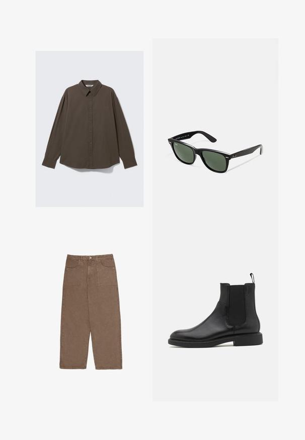 Brązowa koszula w kratę z długim rękawem, z kołnierzykiem zapinanym na guziki, o luźnym kroju i delikatnie zaokrąglonym dole. Materiał jest teksturowany.; Brązowe szerokie spodnie wykonane z bawełny, z dwoma przednimi kieszeniami i zapięciem na guzik. Materiał ma miękką strukturę i matowe wykończenie.; Czarny skórzany botek za kostkę o gładkiej fakturze, z elastycznymi bocznymi panelami i pętelką do zakupu. Okrągły nosek i płaska gumowa podeszwa z minimalnym bieżnikiem.; Czarne plastikowe okulary przeciwsłoneczne z zielonymi szkłami, kwadratowe oprawki, srebrny akcent na brwi oraz fakturowane ramiona temple. Nazwa marki podana na wewnętrznej stronie ramion.