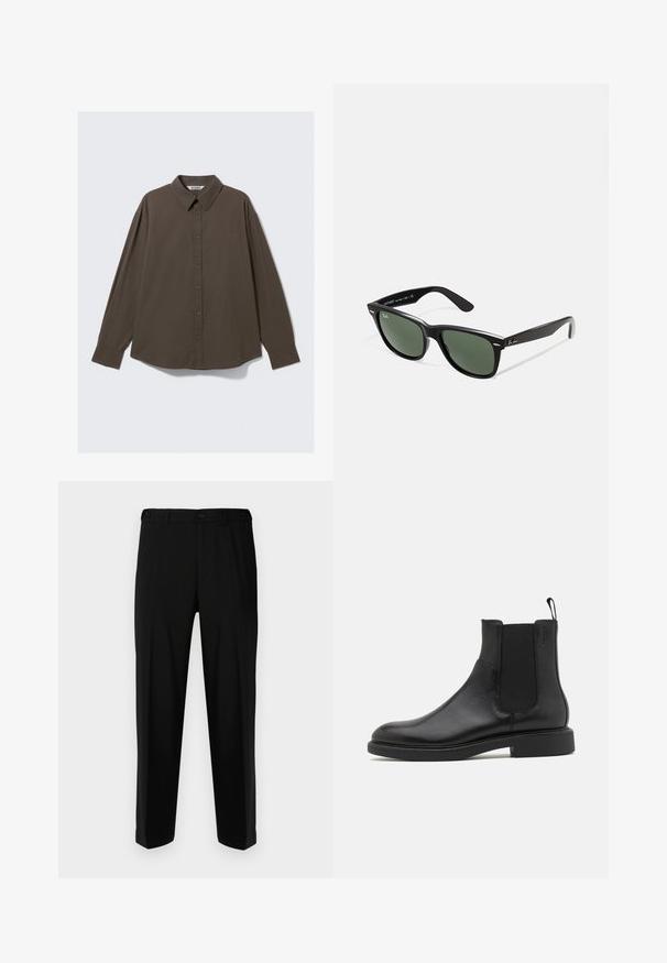 Bruine geruite overhemd met lange mouwen en een button-down kraag, met een relaxte pasvorm en een iets gebogen zoom. De stof is gem textuurd.; Zwarte broek van gladde stof, met een rechte snit, twee voorzakken en een ritssluiting met knoopsluiting.; Zwarte leren enkelboot met een gladde textuur, elastische zijpanelen en een trekhaak. Ronde neus en platte rubberen zool met minimale profiel.; Zwarte plastic zonnebril met groene lenzen, vierkante montuur, zilveren accent op de wenkbrauw en een gestructureerde tempel. Merken vermeld op de binnenkant van de arm.
