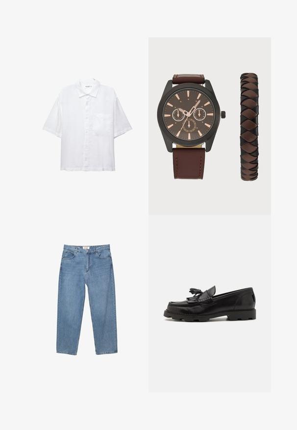 Bela kratkosleeve srajca z gumbnim zapiranjem spredaj, ovratnikom in enim žepom na prsih. Narejena je iz lahkega materiala z gladko teksturo.; Svetlo modri jeans z ravnim krojem, pet žepnim dizajnom in vidno blagovno znamko na pasu.; Črne usnjene loafer čevlje z mokasinastim dizajnom, z dekorativnim ponjavom in resico, teksturirano površino in debelim gumijastim podplatom.; Pier One SET - Ura - black/brown