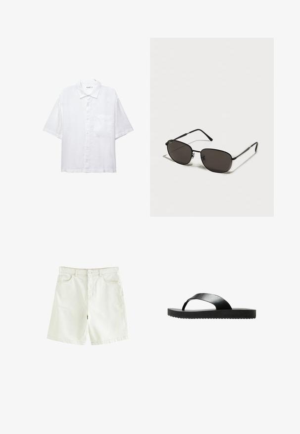 Vit kortärmad skjorta med knappslå framtill, krage och en bröstficka. Tillverkad av lätt tyg med en slät textur.; Vita denimshorts med rak passform, med fem fickor, knappstängning fram och synlig sömnad. Slät textur.; Svart flip-flop sandal med en platt sula, tillverkad av ett slätt material. Har en minimalistisk design med ett enkelt band och en texturerad undersida.; Svarta metallsolglasögon med oval form, mörka linser, smala skalmar och en subtil logotyp på vänster lins. Elegant och minimalistisk design.