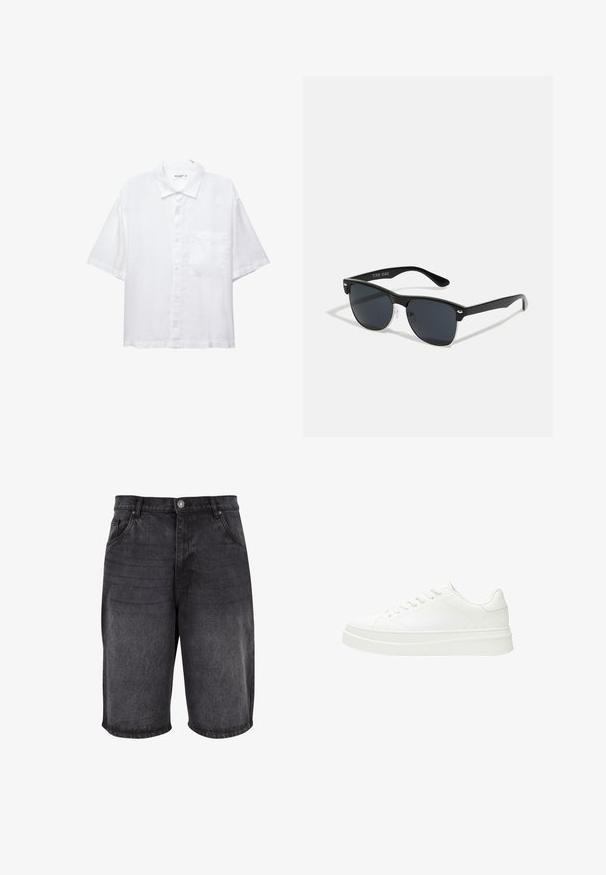 Fehér, rövid ujjú ing gombos elülső résszel, gallérral és egyetlen mellzsebbel. Könnyű anyagból készült, sima textúrával.; Fekete farmer rövidnadrág, laza fazonnal, öt zsebes kialakítással és gombos záródással. Az anyag sima felületű, enyhe kopással.; Fehér sneaker sima bőr felsőrésszel, lapos fűzőkkel és vastag gumitalppal. Minimalista dizájn, amely apró varrásokkal és varrat nélküli kiegészítőkkel rendelkezik.; Fekete napszemüveg, téglalap alakú, sötét lencsékkel, ezüst részletekkel a szárakon, és matt felülettel a kereten.