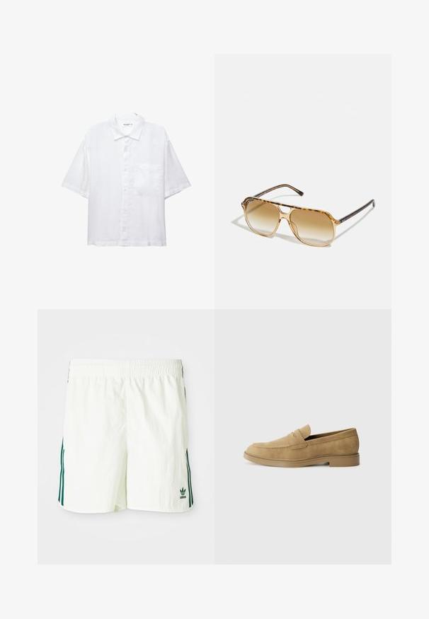 Bijela košulja kratkih rukava s kopčanjem sprijeda, ovratnikom i jednim džepom na prsima. Izrađena je od lagane tkanine s glatkom teksturom.; Bijele kratke hlače s elastičnom gumicom u struku, sa zelenim vertikalnim prugama sa strane i izvezenim Adidas logotipom u zelenoj boji.; Svijetlosmeđi zamjenski mokasini s zaobljenim vrhom, niskim blok-petama i šivanjem na gornjem dijelu. Glatka tekstura i minimalistički dizajn.; Naočale od kornjačevine s pravokutnim okvirom, smeškim gradijentnim staklima i elegantnim crnim drškama s suptilnim logotipom.