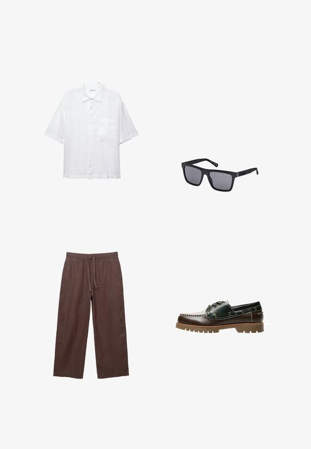 Fehér, rövid ujjú ing gombos elülső résszel, gallérral és egyetlen mellzsebbel. Könnyű anyagból készült, sima textúrával.; Barna len széles szárú nadrág, amely húzózsinórral ellátott derékrésszel rendelkezik, két oldalsó zsebbel és könnyű, struktúrált anyagból készült.; Barna és zöld bőr csónakcipő, fehér varrással, kerek fűzőkkel és texturált gumitalppal. Tartós kivitelezés fémbetétekkel.; Fekete, téglalap alakú napszemüveg sötét lencsékkel, matt felülettel és logóval a szárakon. A kialakítás egyenes élekkel és vastag kerettel rendelkezik.