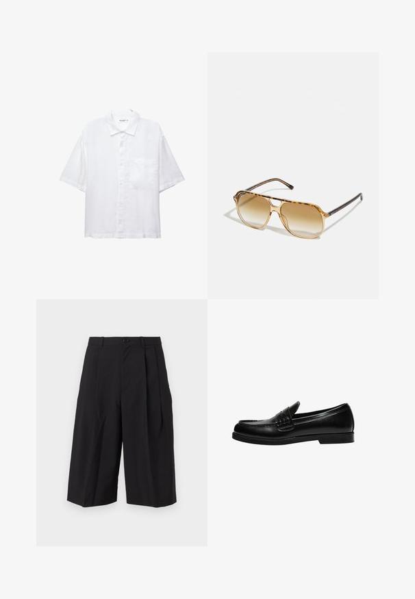 Cămașă albă cu mânecă scurtă, cu închidere butonată în față, guler și un singur buzunar pe piept. Confecționată dintr-un material ușor, cu o textură netedă.; Shorts negri, pliati, realizati dintr-un material cu o textura neteda, avand un sistem de inchidere cu nasture in fata si picioare largi, cu o croiala lejera.; Loafers din piele neagră cu un finisaj neted, având un detaliu de cusătură pe gât și o talpă joasă din cauciuc negru solid.; Ochelari de soare cu ramă dreptunghiulară din tortoiseshell, lentile degradé maro și brațe negre elegante, cu accente subtile ale logo-ului.
