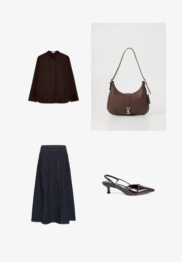 Brūns pogu krekls ar klasisku apkakli, garām piedurknēm un taisnu piegriezumu. Mīksta tekstūra un minimālisks dizains bez rakstiem.; Tumšs denima A forma svārki ar plašu jostasvietu, redzamām šuvēm un izplešamu apakšmalu. Risinājumi bez kabatām vai rotājumiem.; Brūns patentēts ādas siksnas pumps ar smailu purngalu, mazu bloku papēdi, krusta siksnas dizainu un dekoratīvu loku pie priekšpuses.; Brūna ādas rokassoma ar noapaļotu formu, sudraba furnitūru un dekoratīvo šuvi. Iespējams nēsāt plecā, un ir aizdare.