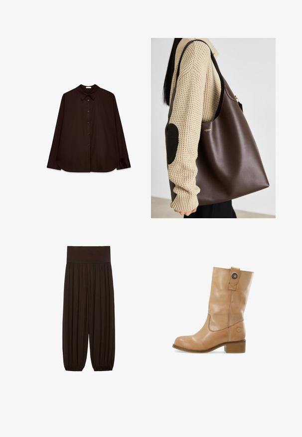 Ruskea nappipaitinen paita, jossa on klassinen kaulus, pitkät hihat ja suora leikkaus. Pehmeä materiaali ja minimalistinen muotoilu ilman kuvioita.; Musta pitkähihaisen pyöreäkauluksinen paita, jossa on pieni valkoinen etiketti, jossa lukee "WEEKDAY", kauluksen sisäpuolella, esitetty vaalealla taustalla.; Ruske pleated hameet leveällä, joustavalla vyötäröllä. Kangas on kevyt ja teksturoitu, ja lahkeissa on kerättyjä reunoja.; Tan-nahkasaapad nilkkapituisella, pyöreällä varvalla, matalalla pinotulla korolla, sivussa ompeleita ja napilla yksityiskohta varressa. Suora pinta.; Ruskea nahkainen kassi, jossa on tilava muotoilu. Ominaisuuksina sileä pinta ja hienovarainen kultainen logo. Yhdistetty kermaiseen neulepuseroon.