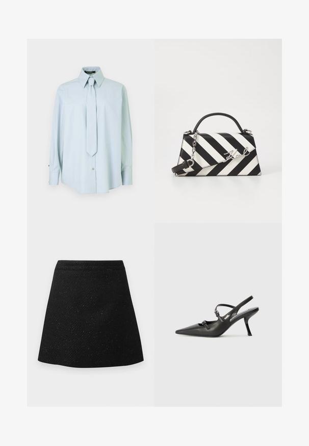 Svijetloplava košulja dugih rukava s oštrim ovratnikom i usklađenom kravatom. Izrađena od glatkog materijala, s kopčanjem na gumb i ukrasima na manžetama.; Črna krilo iz teksturirane tkanine, z oprijetim pasom in razširjenim krojem. Preprosta, enobarvna brez vidnih vzorcev ali akcentov.; Črne usnjene sandale na peto s koničastim nosom, vitko peto in okrasno zaponko na sprednjem delu. Gladka tekstura in eleganten dizajn.; Črna in bela črtasta torbica z obliko s strukturirano obliko, s top ročajem, odstranljivo verižico in kovinskim logotipom.