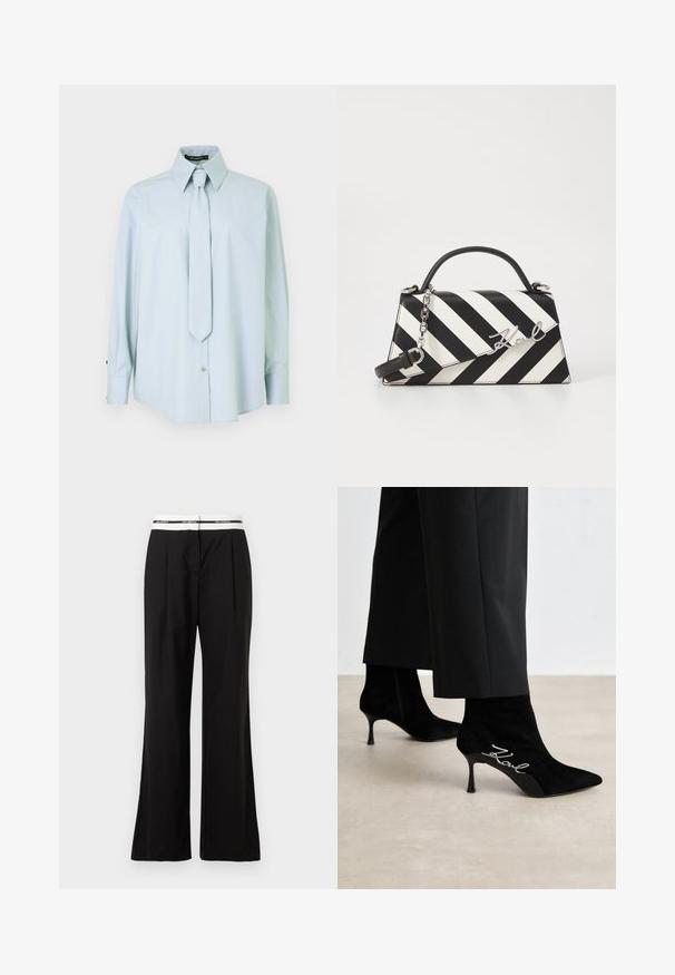 Svijetloplopa košulja dugih rukava s oštrim kragnom i usklađenom kravatom. Izrađena od glatkog materijala, ima kopčanje na dugmadima i detalje na manžetama.; Crne hlače opuštenog kroja, s bijelim elastičnim pojasom s logotipom. Izrađene su od glatkog materijala s laganim sjajem.; Crne znojne čizme do gležnja s upućenim prstima, uskim potpeticama i srebrnim "Kowl" detaljima s bočne strane. Glatka tekstura i prilagođen dizajn.; Crno-bijela prugasta torba s čvrstim oblikom, koja ima ručku na vrhu, odvojivu lančanu naramenicu i metalni logo akcent.