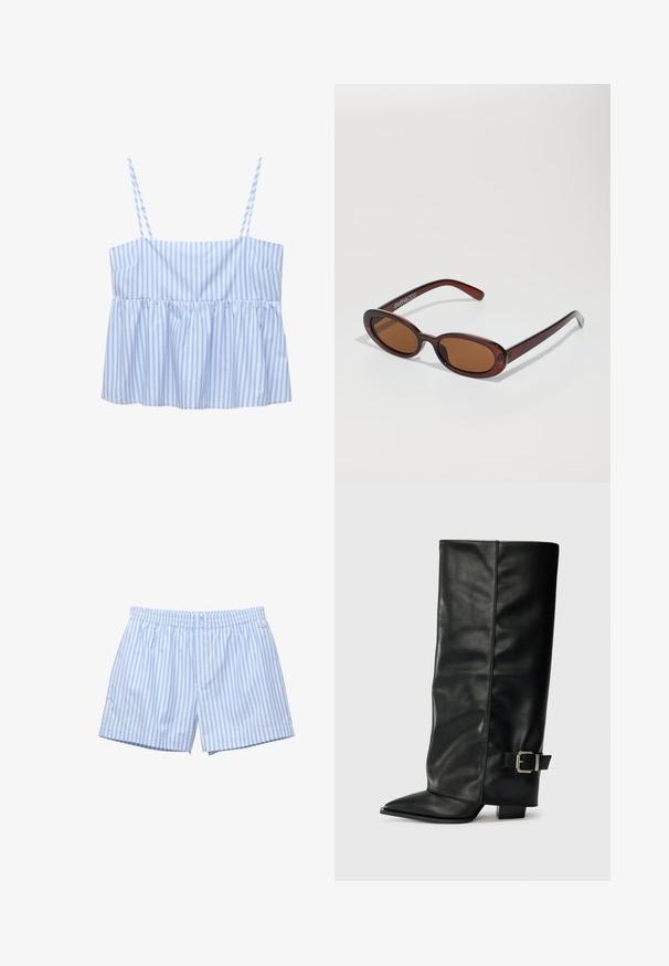 Modrý a bílý pruhovaný crop top s tenkými nastavitelnými ramínky, plisovaným designem a rozšířeným lemem. Vyrobeno z lehké tkaniny.; Světle modré pruhované boxerky vyrobené z měkké bavlny. Mají elastický pas, zavírání na knoflík a volný střih. Na boku je decentní logo.; Černé kožené kotníkové boty až po kotníky s špičatou špičkou, hladkým povrchem a stříbrnou sponou na boku. Masivní čtveritý podpatek.; Kulaté sluneční brýle hnědé barvy s lesklým burgundským rámem. Úzké nožičky s jemným logem. Rovné čočky.; Casio kvartzové hodinky s obdélníkovým stříbrným ciferníkem, zlatými akcenty a dvoubarevným kovovým náramkem ve stříbrné a zlaté barvě. Voděodolné.