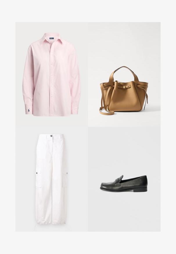 Polo Ralph Lauren OVERSIZE FIT COTTON SHIRT - Užsagstoma palaidinė - surfside rose; Balti medvilniniai cargo kelnės su dviem priekinių kišenėmis, dviem šoninėmis kišenėmis ir elastingu apvadu ant kulkšnų. Yra mygtuko užsegimas.; Juodi odiniai loaferiai su apvalia nosimi, pakeltomis siuvimo detalėmis ir žemu grioveliu. Lygi tekstūra su subtiliu blizgesiu.; Tory Burch ROMY PEBBLED SATCHEL - Rankinė - tiramisu