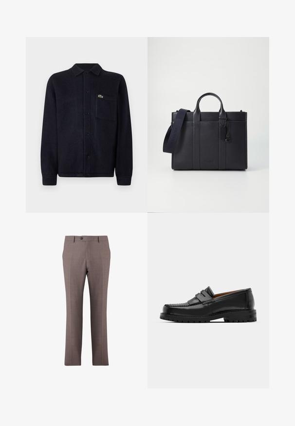 Camisa jaqueta texturizada em azul-marinho, feita de um tecido suave, com colarinho, fecho de botões, mangas longas e um bolso costurado com um logo.; Calças de fato castanhas, com vinco frontal, fecho de botão, passantes para cinto e bolsos laterais, exibidas sobre fundo branco.; Os mocassins de couro preto apresentam uma costura elevada, duas tiras decorativas na parte superior e uma sola grossa e texturizada para maior aderência.; Pasta de couro azul-marinho escura com alças superiores duplas e uma alça destacável. Apresenta um acabamento texturizado, costura vertical e detalhe do logotipo.