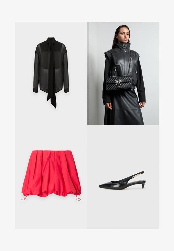 Svart chiffon-bluse med lang knyting, høy krage og lange ermer. Gjennomsiktig tekstur med solide svarte mansjetter og rundet kant.; Rød, plisséd mini skjørt laget av lett stoff; har en elastisk nederkant med snorer for justerbar passform. Glatt tekstur.; Sorte lærreim hæler med spiss tå, som har en slank hæl og en gullfarget detalj på den justerbare stroppen. Glatt tekstur.; Svart skinnvest med høyt krage, glidelås-lommer og en svart kviltet håndveske med sølvdetaljer, brukt sammen med et langt svart skjørt.