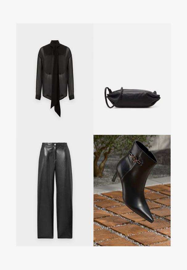 Blusa nera in chiffon con lungo fiocco, colletto alto e maniche lunghe. Texture trasparente con polsini neri solidi e orlo arrotondato.; Pantaloni neri a gamba larga realizzati in materiale lucido. Presentano una chiusura frontale con bottone, una leggera lucentezza e linee pulite senza motivi visibili.; Stivale alla caviglia in pelle nera con punta affilata e tacco piccolo. Presenta un accento di catena dorata alla caviglia. Circondato da una superficie in pietra testurizzata.; Borsa a tracolla nera in pelle, di forma rettangolare, con una texture liscia, una sottile tracolla e un design minimalista.