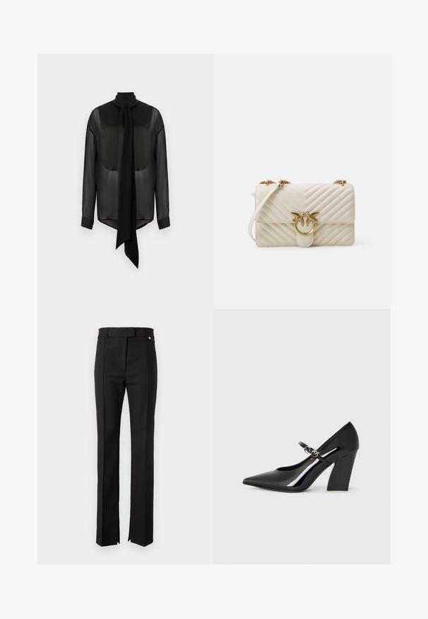 Svart chiffon-bluse med lang knyting, høy krage og lange ermer. Gjennomsiktig tekstur med solide svarte mansjetter og rundet kant.; Svarte skreddersydde bukser med rett ben-design, som har en midje med knappeåpning og sidesplitter i bunnen.; Sorte patentlæder højhælede sko med spids tå, en chunky hæl og en rem med metal hardware detaljer.; Quiltet kremveske med en gullfuglformet lås, kjedehåndtak og teksturert chevronmønster. Har klaffelås og kompakt form.
