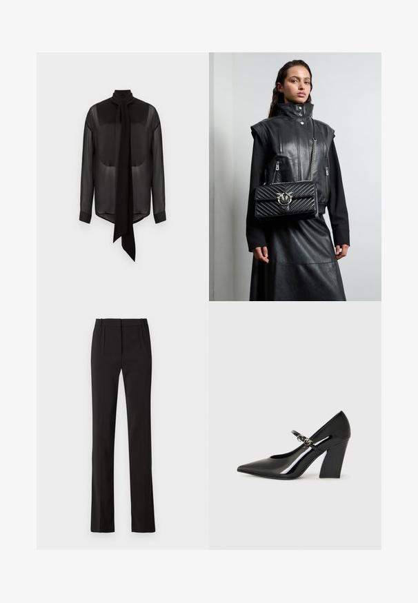 Mustapitsi pusero, jossa on pitkä sitominen, korkea kaulus ja pitkät hihat. Läpinäkyvä rakenne, jossa on kiinteät mustat hihansuut ja pyöreä helma.; Mustat muotolasketut housut, joissa on suora lahjemuotoilu, kaksi etujoustinta ja sileä kangas. Ei näkyviä taskuja tai metalliosia.; Musticko mustat lakatut korkokengät, joissa on terävä kärkinen muoto, paksu korko ja hihna, jossa on metalliset yksityiskohdat.; Musta nahkastakki korkean kauluksen kanssa, vetoketjulliset taskut, ja musta tikattu käsilaukku, jossa on hopeanvärisiä yksityiskohtia, yhdistettynä pitkiin mustiin hameisiin.