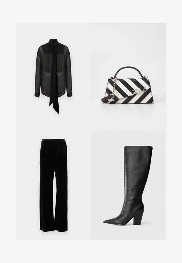 Crna chiffon bluzica s dugom vezicom, visokim ovratnikom i dugim rukavima. Prozirna tekstura s čvrstim crnim manžetama i zaobljenim rubom.; Crne samte široke hlače s glatkom teksturom, sa visokim pojasom i dva prednja nabora, koje se protežu do poda.; Crne kožne čizme do koljena s šiljastim vrhom i debelim visokim potplatom, prikazane sa lijeve strane na bijeloj pozadini.; Crno-bijela prugasta torba s čvrstim oblikom, koja ima ručku na vrhu, odvojivu lančanu naramenicu i metalni logo akcent.