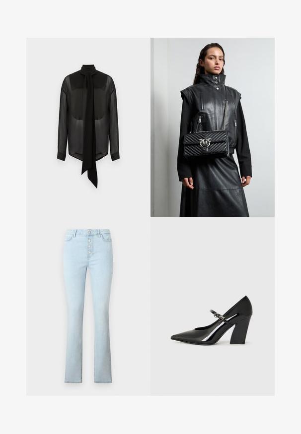 Black chiffon blouse with long tie, high collar, and long sleeves. Sheer texture with solid black cuffs and rounded hem.; Light blue jeans made of denim, featuring a high-waisted design and five metallic buttons at the front, with a flared leg silhouette.; Black patent leather high heel shoe with a pointed toe, a chunky heel, and a strap with metal hardware detail.; Black leather vest with high collar, zippered pockets, and a black quilted handbag featuring a silver hardware accent, worn with a long black skirt.