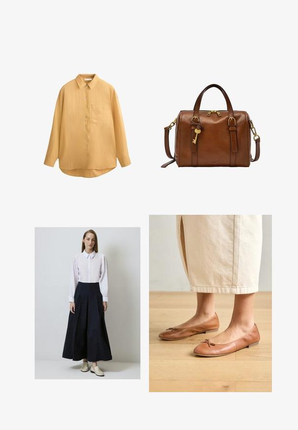 Mosterdgele button-up shirt met een kraag, lange mouwen, textuurstof en een enkele borstzak; afgeronde onderrand en schelpenknopen.; Witte overhemd met knoopsluiting, gecombineerd met een vloeiende marineblauwe geplisseerde rok. Draag het met lichtgekleurde instapschoenen.; Bruine leren ballet flats met een ronde neus en een klein strikdetail, vlakke hak en een gladde textuur, gecombineerd met een lichte rok.; Bruine leren handtas met gouden hardware. Ritssluiting, twee korte handvatten, afneembare schouderriem en een sleutelaccentdetail.