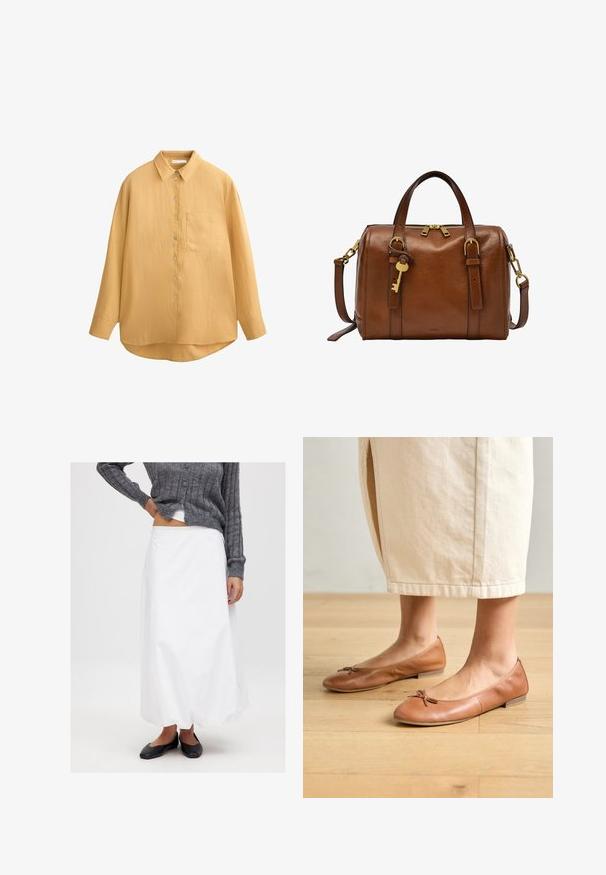 Chemise boutonnée jaune moutarde avec col, manches longues, tissu texturé et une poche poitrine ; ourlet arrondi et boutons en coquille.; Jupe blanche, longueur cheville, en tissu lisse, associée à un cardigan gris à côtes et des chaussures plates noires. Design minimaliste, sans motifs visibles.; Ballerines en cuir marron avec une forme arrondie et un petit nœud, talon plat et texture lisse, associées à une jupe de couleur claire.; Sac en cuir marron avec quincaillerie dorée. Fermeture à glissière, deux poignées courtes, bandoulière amovible et détail de clé en accent.