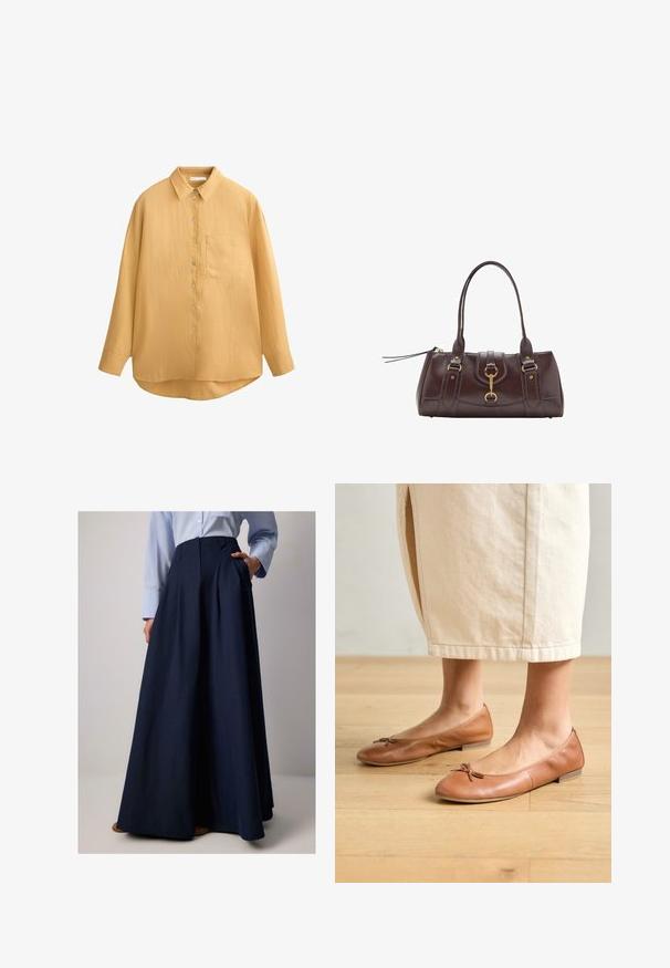 Senfgelbe Button-up-Bluse mit Kragen, langen Ärmeln, strukturiertem Stoff und einer einzigen Brusttasche; abgerundeter Saum und Muschelknöpfe.; Marineblauer, langer Rock mit Falten aus leichtem Stoff, mit seitlichen Taschen und hohem Taillenbund. Glatte Textur und eleganter Fall.; Braune Leder-Ballettschuhe mit runder Zehenform und einem kleinen Schleifendetail, flachem Absatz und glatter Textur, kombiniert mit einem hellen Rock.; Dunkelbraune Lederhandtasche mit zwei oberen Griffen, goldenen Hardware-Akzenten, einem Frontverschluss und gesteppten Texturen an den Seiten.