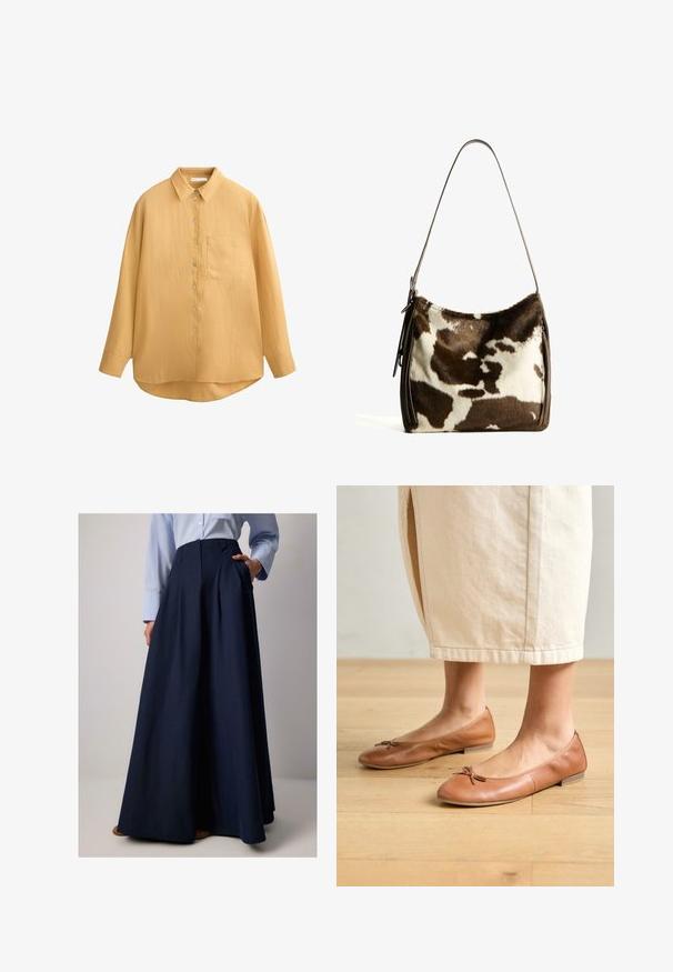 Sennepsgul knap-up skjorte med krave, lange ærmer, tekstureret stof og en enkelt brystlomme; afrundet kant og skaldknapper.; Marineblå lang nederdel med plisseringer, lavet af letvægtigt stof, med sidelommer og høj talje. Glat tekstur og elegant fald.; Brune læder balletflade med rund tå, en lille sløjfe detalje, flad hæl og glat overflade, parret med en lysefarvet nederdel.; Brun og creme farvet koe læder skuldertaske med en glat læderrem, lynlås lukning og en blød, tekstureret overflade med et naturligt mønster.