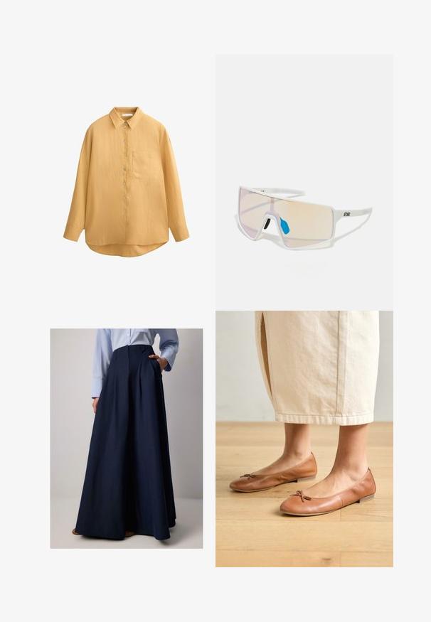 Senapsgul skjorta med krage, långa ärmar, texturerad tyg, och en bröstficka; rundad nederkant och snäckskalsknappar.; Marinblå lång kjol med veck, tillverkad av lätt tyg, med sidofickor och hög midja. Slät textur och elegant fall.; Bruna läderballetskor med rundad tå och en liten rosett, platt klack och slät yta, som bärs tillsammans med en ljusfärgad kjol.; Vita ramar solglasögon med stora gradientlinser som har en rosa till ljusorange ton, accentuerade av en blå näsdyna och logodetalj.