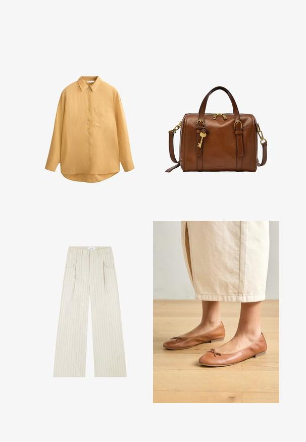 Camicia a maniche lunghe gialla senape, con colletto, tessuto testurizzato e una tasca sul petto; orlo arrotondato e bottoni in conchiglia.; Pantaloni beige a gamba larga con righe verticali, dotati di tasche frontali, pieghe e un cinturino cucito per maggiore struttura.; Ballerine in pelle marrone con punta rotonda e un piccolo dettaglio a fiocco, tacco basso e texture liscia, abbinate a una gonna di colore chiaro.; Borsa a tracolla in pelle marrone con dettagli in oro. Chiusura a zip, due manici corti, tracolla removibile e un dettaglio a forma di chiave.