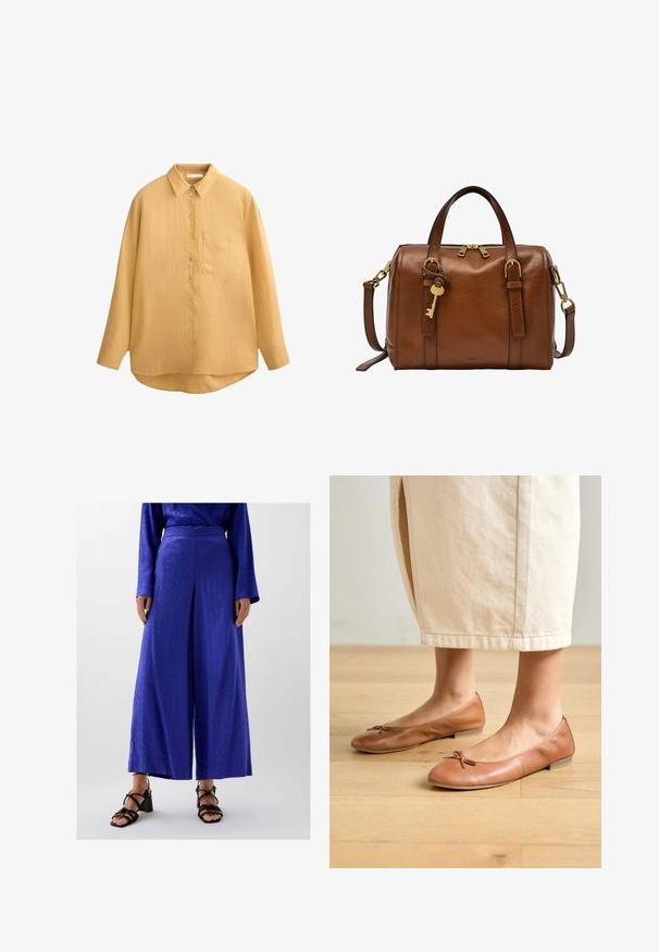 Chemise boutonnée jaune moutarde avec col, manches longues, tissu texturé et une poche poitrine ; ourlet arrondi et boutons en coquille.; Pantalons larges en tissu bleu vibrant avec un motif subtil, dotés d'une taille plate et associés à des sandales à talons bloc noires à lanières.; Ballerines en cuir marron avec une forme arrondie et un petit nœud, talon plat et texture lisse, associées à une jupe de couleur claire.; Sac en cuir marron avec quincaillerie dorée. Fermeture à glissière, deux poignées courtes, bandoulière amovible et détail de clé en accent.
