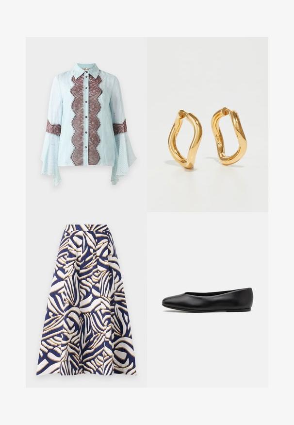 Jasnoniebieska bluzka z brązowym koronkowym akcentem i paskowanym wzorem. Ma spiczasty kołnierz, zapięcie na guziki oraz rozkloszowane rękawy.; Spódnica do kolan z bawełny w granatowym tle z odważnymi białymi i złotymi abstrakcyjnymi wzorami; plisowany krój dodaje objętości.; Paul Smith TOPANGA czarny; Złote kolczyki w kształcie obręczy o zakrzywionym, nieregularnym kształcie oraz gładkiej, wypolerowanej powierzchni. Brak widocznych elementów sprzętowych lub akcentów.