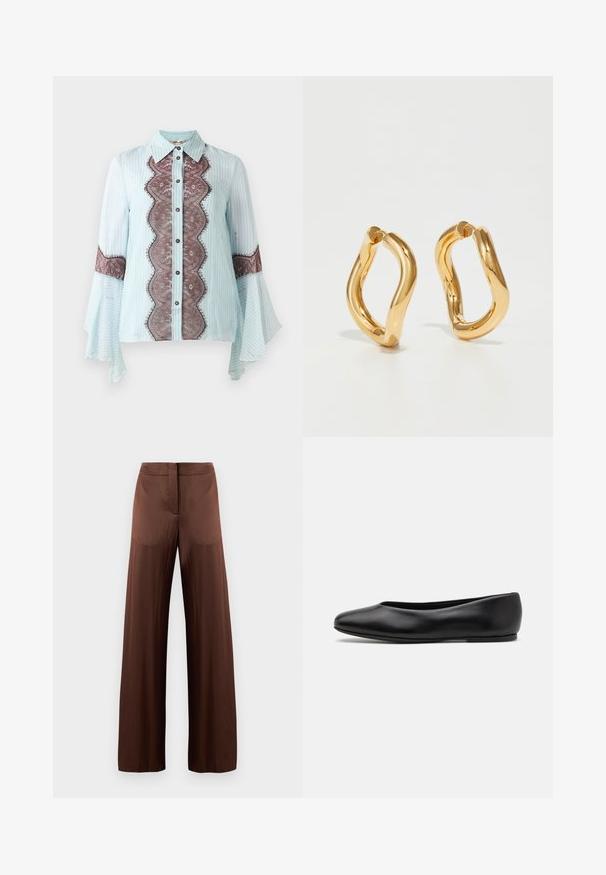 Jasnoniebieska bluzka z brązowym koronkowym akcentem i paskowanym wzorem. Ma spiczasty kołnierz, zapięcie na guziki oraz rozkloszowane rękawy.; Brązowe spodnie o szerokich nogawkach wykonane z gładkiego, lekkiego materiału, z płaskim przodem, bez kieszeni i prostym krojem.; Paul Smith TOPANGA czarny; Złote kolczyki w kształcie obręczy o zakrzywionym, nieregularnym kształcie oraz gładkiej, wypolerowanej powierzchni. Brak widocznych elementów sprzętowych lub akcentów.