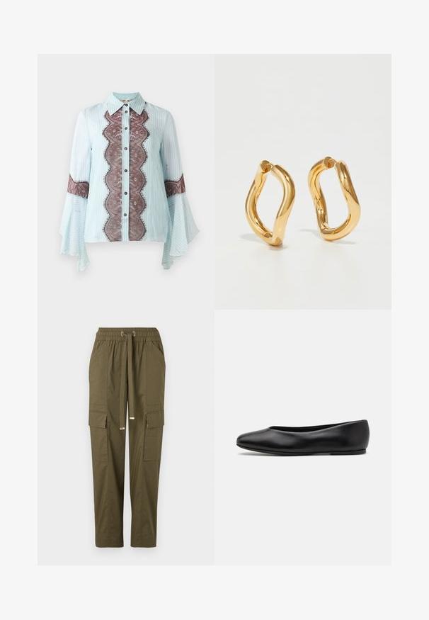 Svijetloplava bluzica s smešnim čipkastim detaljem i prugastim uzorkom. Ima oštar ovratnik, dugme za zatvaranje i šire rukave.; Maslinasto zelene vojne hlače s elastičnom trakom u struku, vezicom, dva bočna džepa i dva džepa za teret, s glatkom pamučnom teksturom.; Paul Smith TOPANGA - Balerinke - black; Zlatne naušnice-krugovi s zakrivljenim, nepravilnim oblikom i glatkom, poliranom teksturom. Nema vidljive mehanike ili detalja.