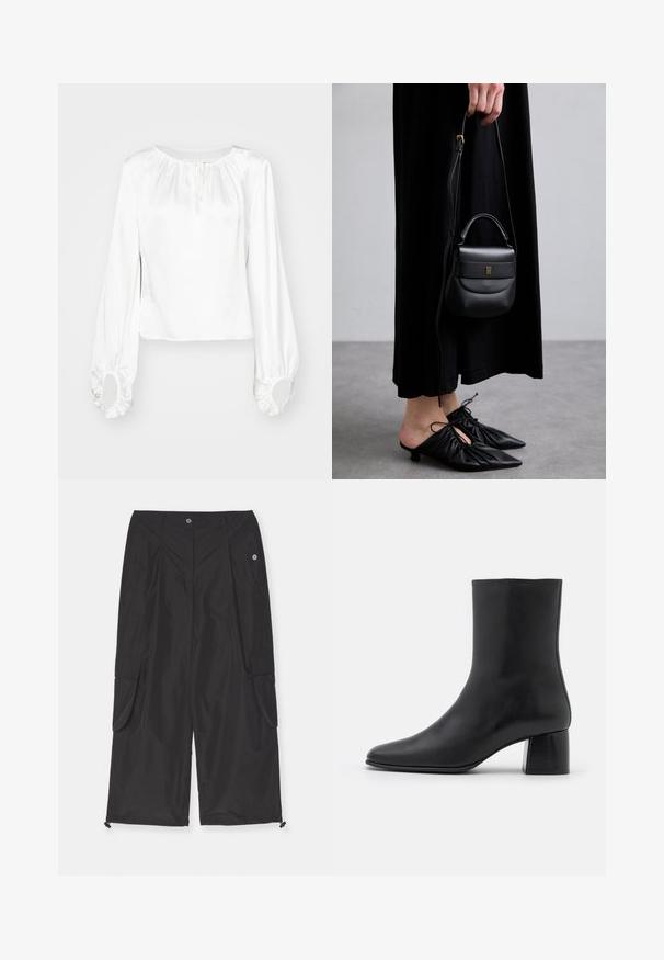 Valge pika varrukaga pluus siledast kangast, millel on kogutud kaelus, nööriga detail ja elastsed mansetid ümmarguste avadega.; Musthave mustad, valmistatud kergest kangast, millel on küljetaskud, reguleeritav nööriga alläär ja nupuvajutus.; Must musta ankle boot terava nina ja turske ruudukujulise kontsaga. Sile tekstuur, sujuv disain ja minimaalne õmblus.; Väike must nahast käekott ümarate vormidega, ülemise sangaga ja eemaldatava rihmaga. Kanda musta kangast kleidi ja mustade voltimisega kingadega.