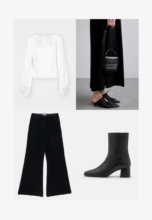 Bílá halenka s dlouhým rukávem z hladké tkaniny, s nařaseným výstřihem, detailem na stahování a elasticizovanými manžetami s kulatými otvory.; Černé sametové kalhoty širokého střihu s hladkou texturou, s upraveným pasem a předními kapsami, s plisovaným designem.; Černé kožené kotníkové boty s špičatou špičkou a robustním čtvercovým podpatek. Hladká textura s bezšvovým designem a minimalistickým prošíváním.; Malá černá kožená kabelka s zaobleným tvarem, horním madlem a odnímatelným popruhem. Nositelná s černými látkovými šaty a černými plisovanými botami.