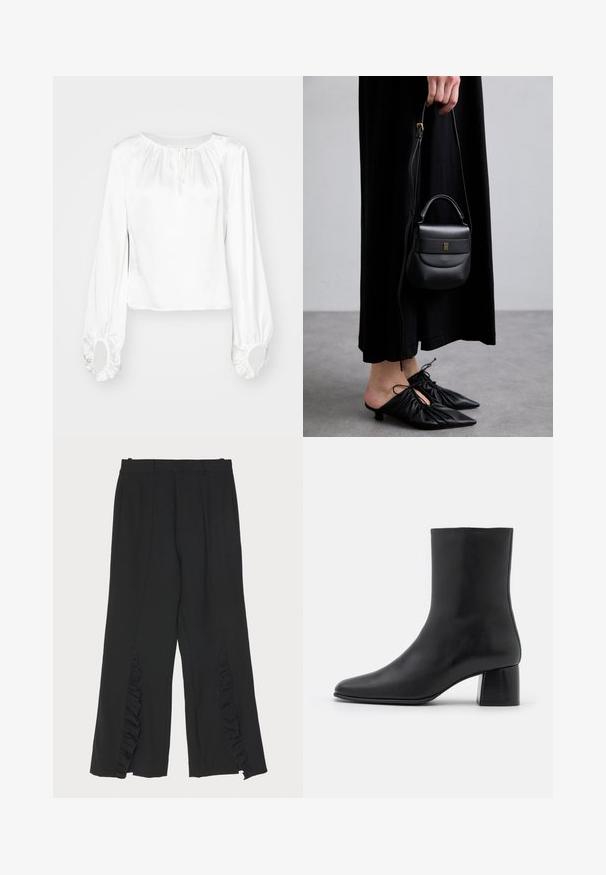 Bluză albă cu mâneci lungi dintr-un material neted, având un guler strâns, detaliu cu șnur și manșete elastice cu deschideri rotunde.; Pantaloni negri cu un design cu picior larg, având accente cu volane la laterale și un brâu plat. Textură de țesătură netedă, tăietură ajustată.; Botine negre din piele, cu vârf ascuțit și toc pătrat masiv. Textură netedă, cu un design fără cusături și cusături minimaliste.; Geantă mică din piele neagră, cu o formă rotunjită, mânere superioare și curea detașabilă. Pur tată cu o rochie din material negru și pantofi plisati negri.