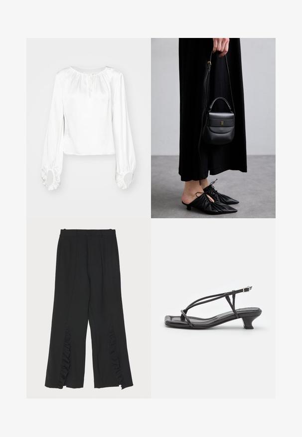 Bluză albă cu mâneci lungi dintr-un material neted, având un guler strâns, detaliu cu șnur și manșete elastice cu deschideri rotunde.; Pantaloni negri cu un design cu picior larg, având accente cu volane la laterale și un brâu plat. Textură de țesătură netedă, tăietură ajustată.; Sandale negre din piele cu curele subțiri, toc mic pătrat și vârf pătrat. Prezintă o închidere cu cataramă și o textură netedă.; Geantă mică din piele neagră, cu o formă rotunjită, mânere superioare și curea detașabilă. Pur tată cu o rochie din material negru și pantofi plisati negri.