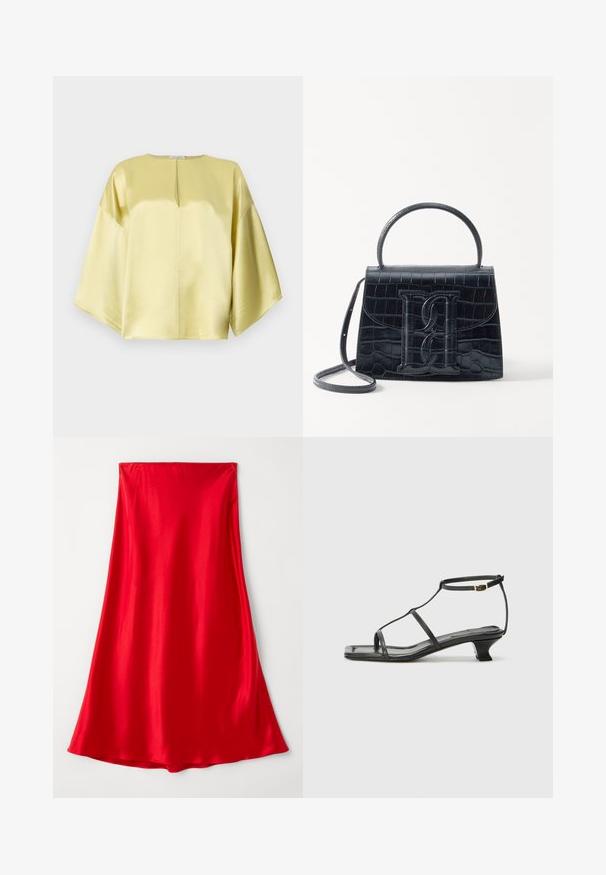 Blouse en satin jaune avec un col rond, des manches courtes larges et un détail en forme de trou de serrure à l'avant. Texture lisse et coupe décontractée.; Jupe en satin rouge avec une texture lisse, pleine longueur, et un design fluide s'effilant au niveau de l'ourlet. Couleur unie et simple sans ornements.; Sandale en cuir noir avec un bout carré, des fines lanières, une bride de cheville ajustable et un petit talon. Présente un petit accent doré sur la lanière.; Sac à main en cuir noir embossé en crocodile avec un design structuré, une poignée supérieure, une bandoulière ajustable et un détail de logo en avant bien visible.; Broche doré présentant un design noué avec des lignes lisses et courbées, et une forme complexe, reflétant une finition polie.