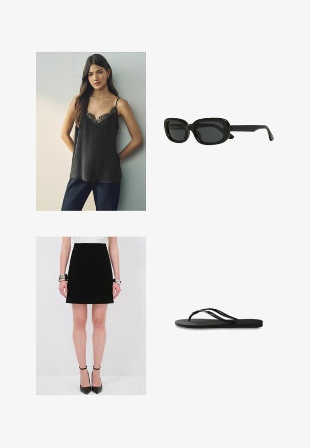 Czarna satynowa koszulka z koronkowym dekoltem w kształcie litery V i cienkimi ramiączkami, noszona z ciemnoniebieskimi dżinsami, na neutralnym tle.; Czarna spódnica w kształcie litery A o gładkiej fakturze, dopasowanym pasie i subtelnych bocznych szwach. Zestawiona z błyszczącymi czarnymi szpilkami i srebrnymi bransoletkami.; Czarne klapki z teksturowaną gumową podeszwą, dwiema smukłymi paskami oraz subtelnym, wytłoczonym logo na pasku.; Czarne prostokątne okulary przeciwsłoneczne z grubą oprawką, ciemnym szkłem i eleganckim designem. Ramiona mają gładkie wykończenie.; Czarna skórzana torebka o zaokrąglonym kształcie, z wyraźnym złotym owalnym zapięciem, regulowanym paskiem i minimalistycznym designem.