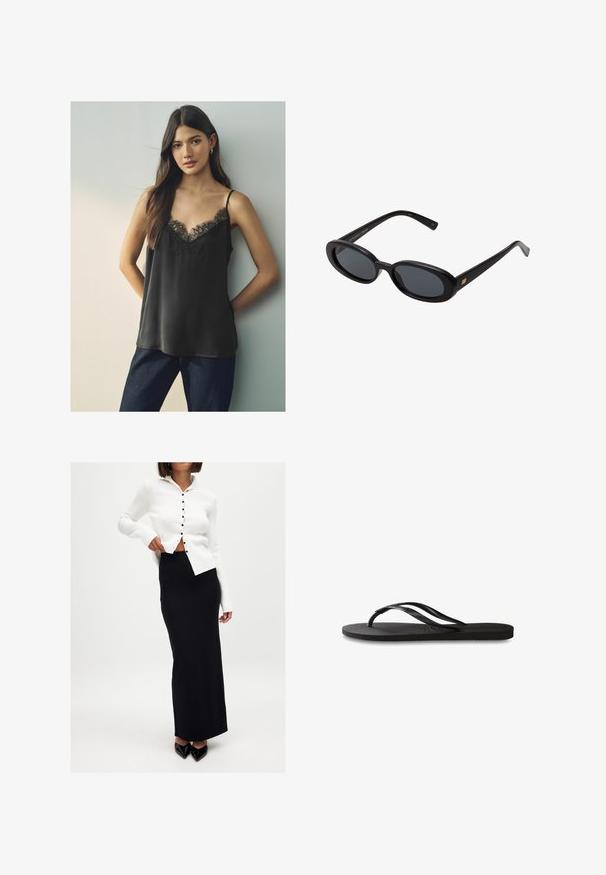 Schwarzes satin Top mit einer Spitzen V-Ausschnitt und dünnen Trägern, kombiniert mit dunkelblauer Jeans, vor einem neutralen Hintergrund.; Weißes geripptes Strickjacke mit Knöpfen, getragen über einem schwarzen, figurbetonten Maxirock. Das Outfit wird ergänzt durch elegante schwarze spitze Absatzschuhe.; Schwarze Flip-Flops mit einer strukturierten Gummisohle, zwei schlanken Riemen und einem dezenten, geprägten Logo-Detail auf dem Riemen.; Schwarze, oversized Sonnenbrillen mit ovalen Gläsern, glattem Kunststoffrahmen und goldenen Akzenten an den Bügeln. Die dunklen Gläser bieten Sonnenschutz.