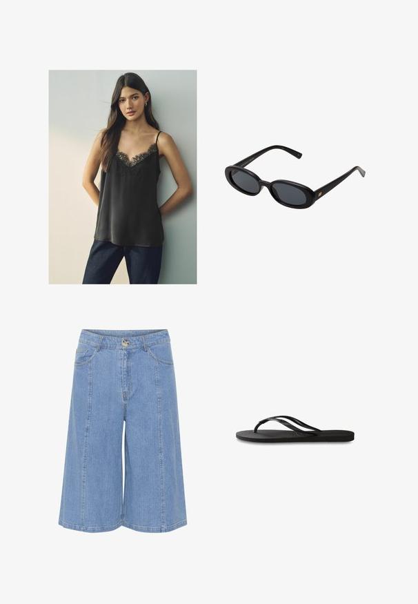 Čierny saténový top so čipkovým výstrihom do V a tenkými popruhmi, nosený s tmavomodrými džínsami, na neutrálnom pozadí.; Svetlomodré denimové culots s voľným strihom, so zapínaním na prednej strane na gombík, pútka na opasok a bočné vrecká. Textúrovaná tkanina s viditeľným švom.; Čierne žabky s textúrovanou gumovou podrážkou, dvoma štíhlymi popruhmi a diskrétnym embosovaným logom na popruhu.; Čierne oversized slnečné okuliare s oválnymi šošovkami, hladkým plastovým rámom a zlatými akcentmi na straniciach. Tmavé šošovky poskytujú ochranu pred slnkom.