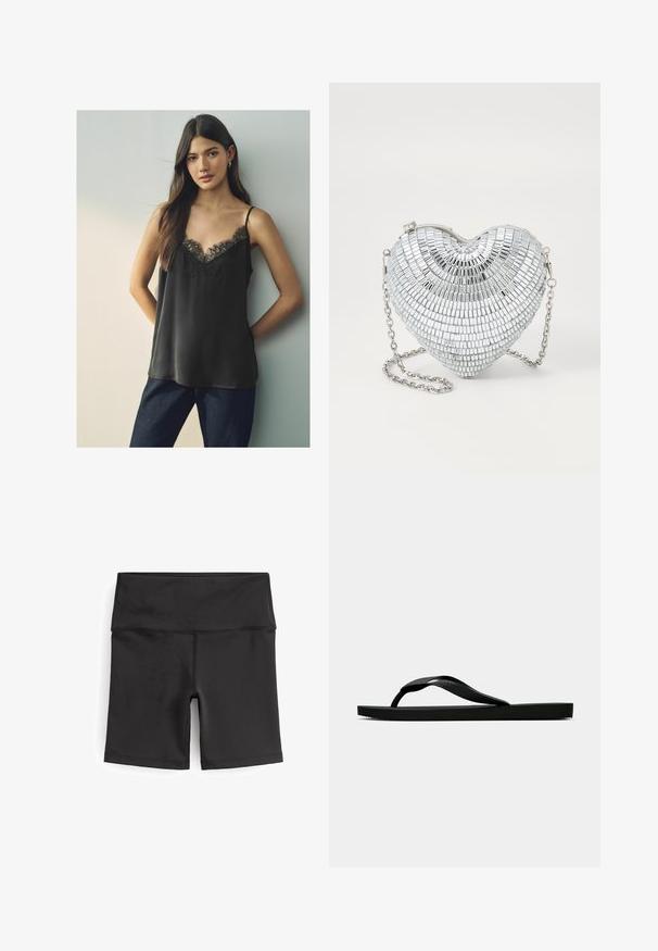 Camisola nera in satin con scollatura a V in pizzo e spalline sottili, indossata con jeans blu scuro, su uno sfondo neutro.; Next CYCLING - Shorts - ultimate black; Infradito in gomma nera con cinturino testurizzato e suola piatta semplice, mostrati di lato su uno sfondo chiaro e uniforme.; Borsa a mano a forma di cuore in argento realizzata con tessere specchiate, dotata di chiusura a cerniera e tracolla a catena. Texture liscia con superficie riflettente.