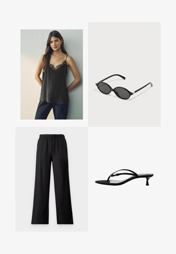 Černá saténová košilka s krajkovým V-výstřihem a tenkými ramínky, nošená s tmavě modrými džíny, na neutrálním pozadí.; Černé široké kalhoty vyrobené z lehkého materiálu, s elastickým pasem na šňůrku a hladkou texturou.; Mango Sandály s odděleným palcem - black; Černé oválné sluneční brýle s tmavými skly, lesklým plastovým rámem a zlatými akcenty na stranicích.