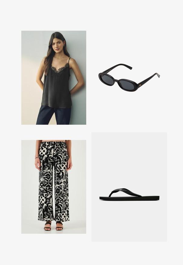 Czarna satynowa koszulka z koronkowym dekoltem w kształcie litery V i cienkimi ramiączkami, noszona z ciemnoniebieskimi dżinsami, na neutralnym tle.; Szerokie spodnie w biało-czarny wzór, z elastycznym paskiem i teksturowanym materiałem, z abstrakcyjnymi wzorami i nadrukami zwierzęcymi.; Czarne gumowe klapki z teksturowanym paskiem i prostą płaską podeszwą, przedstawione z boku na jasnym jednolitym tle.; Czarne, oversize okulary przeciwsłoneczne z owalnymi soczewkami, gładkim plastikowym mostkiem i złotymi akcentami na zausznikach. Ciemne soczewki zapewniają ochronę przed słońcem.; Brązowa torba na ramię z szerokim, zaokrąglonym kształtem i dużym wyciętym uchwytem. Miękka tekstura, minimalistyczny design i brak widocznych elementów metalowych.