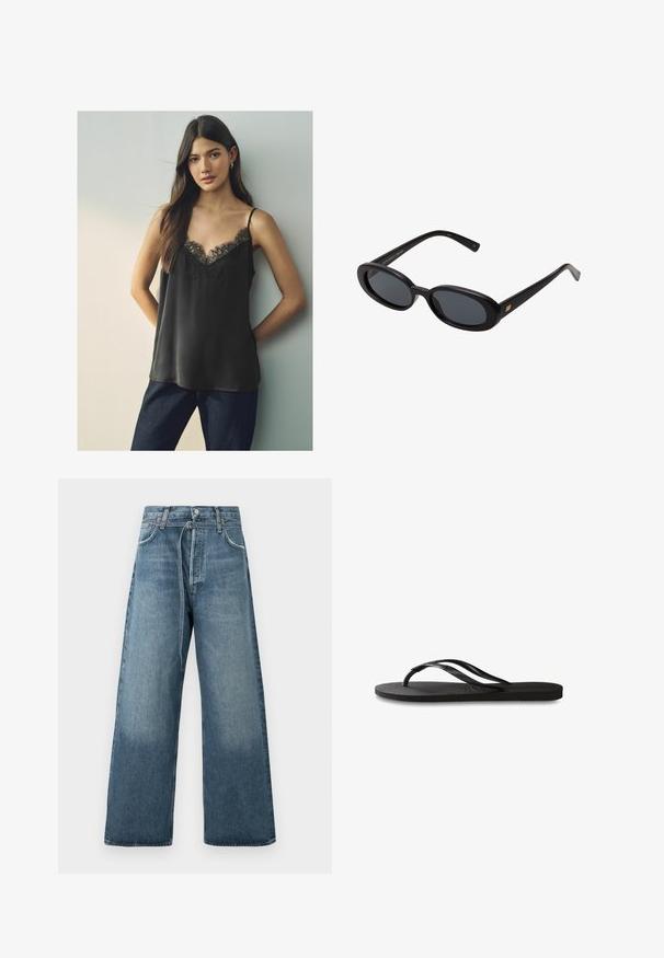 Sort satin camisole med en blond V-udskæring og tynde stropper, båret med mørkeblå jeans, mod en neutral baggrund.; Bredde ben blå jeans i en falmet vask, fremstillet af denim med synlige sy-accenter og en knaplukning i taljen.; Sorte flip-flop med en tekstureret gummisål, to slanke stropper og et subtilt, præget logodetalje på stroppen.; Store store