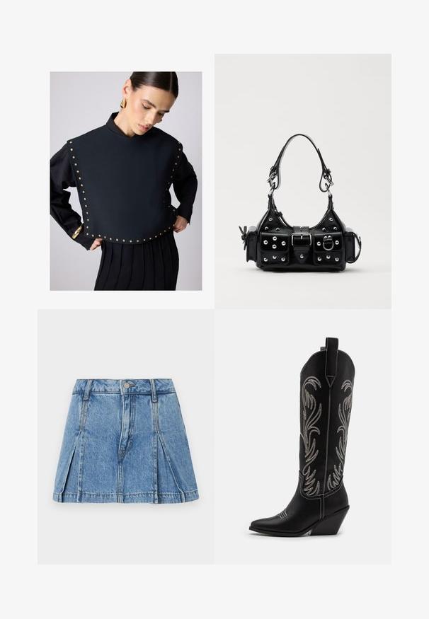 Crni skraćeni top s visokim ovratnikom, ukrašen zlatnim zakovicama duž rubova. Dugi rukavi s nabranom crnom suknjom ispod.; Denim mini suknja u svijetloplavoj boji s nabranim dizajnom, srebrom dugmetom zatvaranja i klasičnim pet džepnim stilom.; Crne kožne kauboj čizme s šiljastim prstima, klinastim potpeticama i srebrnim izvezenim cvjetnim uzorcima duž osovine. Kontrastni šavovi posvuda.; Crna kožna torba s zakrivljenim dizajnom, koja sadrži srebrne zakovice, kopču i dva bočna džepa. Podesiva traka za različite opcije nošenja.