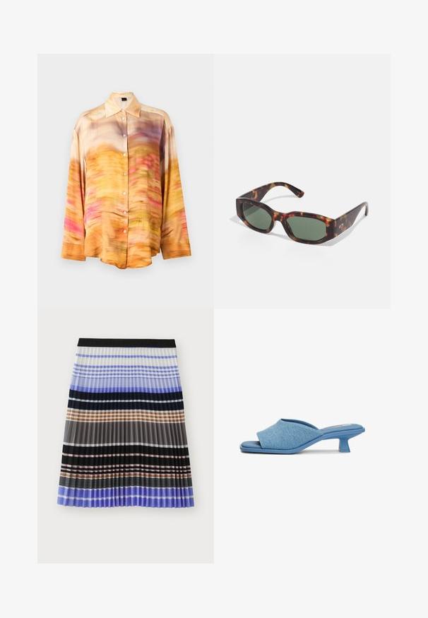 Chemise en soie à boutons avec un motif abstrait dans des nuances d'orange, de rose et de violet, dotée d'un col étalé et de manches longues.; MUNTHE MARMING - Jupe trapèze - multi-coloured; Sandales à glisser en denim bleu avec un design de bride croisée, dotées d'un petit talon géométrique et d'une surface lisse et texturée.; Lunettes de soleil écaille de tortue avec des verres rectangulaires verts, une large monture et des branches épaisses. Présente un design élégant et une texture en plastique lisse.; Sac fourre-tout en suède brun avec une texture douce, présentant une seule bandoulière et une ouverture supérieure légèrement courbée. Aucun détail de matériel visible.